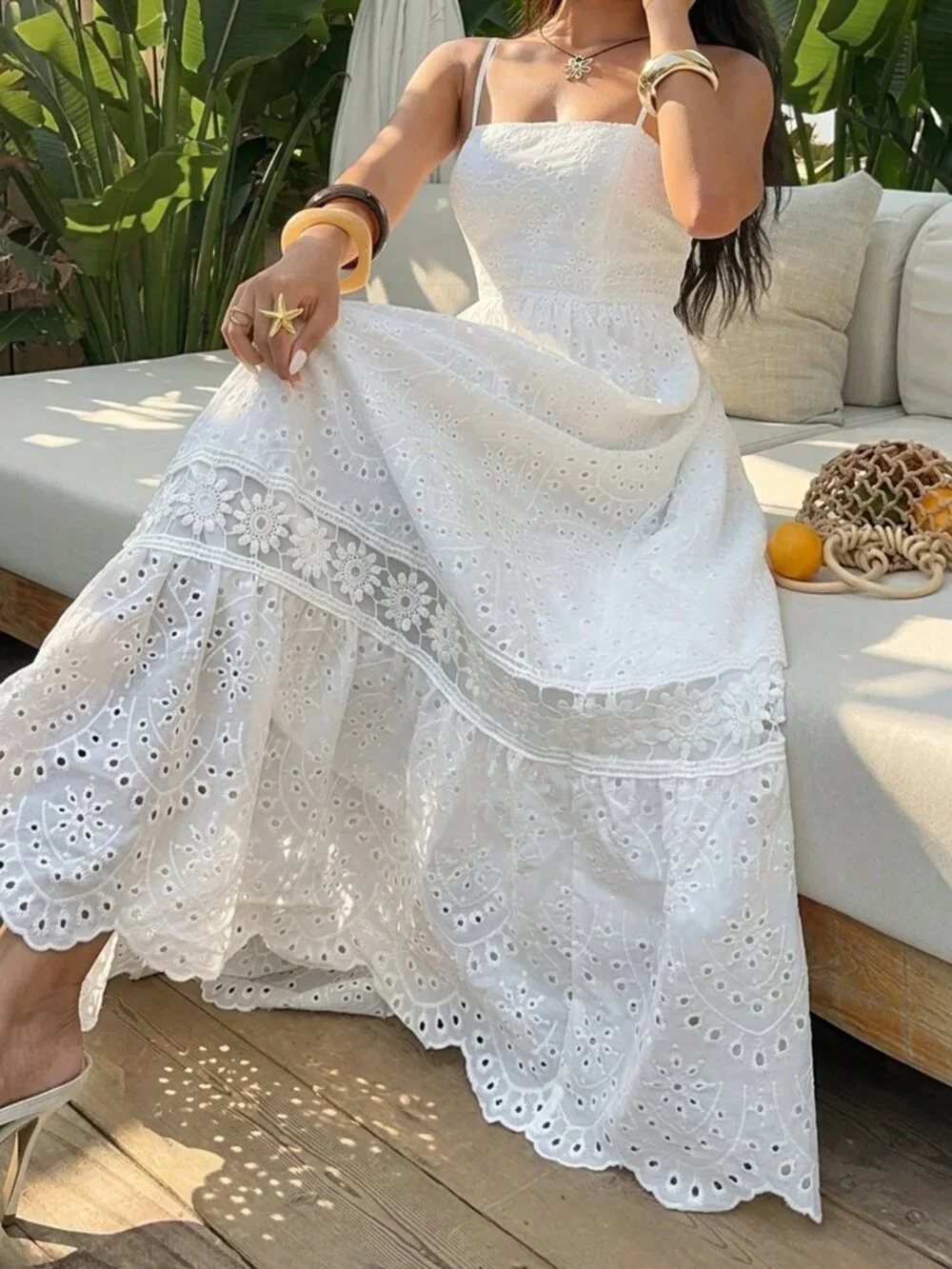 White Boho Women's Slim-Fit Double Shoulder Strap Strapless Dress
